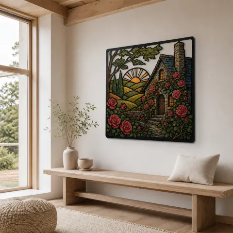 Vista alternativa di Cottage di Pietra Coperto di Rose Rosse Rampicanti Insegna in Metallo Colorata