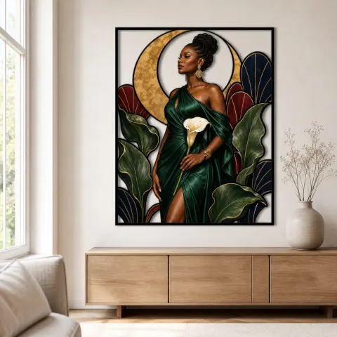 Vista alternativa de Mujer negra elegante en vestido verde con lirios - Arte mural de metal colorido