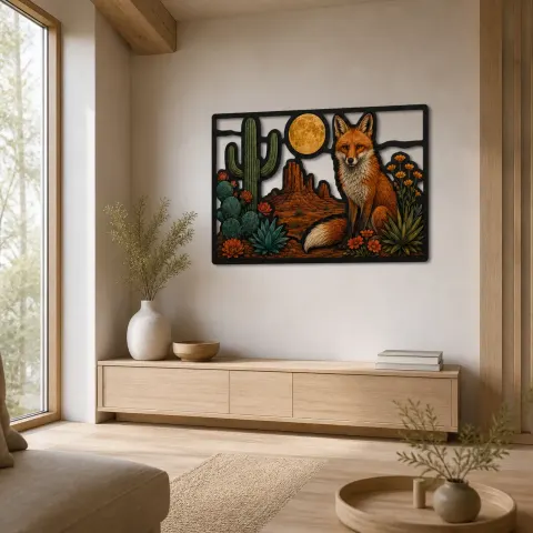 Vista alternativa di Volpe Rossa tra Cactus e Fiori Selvatici del Deserto Insegna in Metallo Colorata