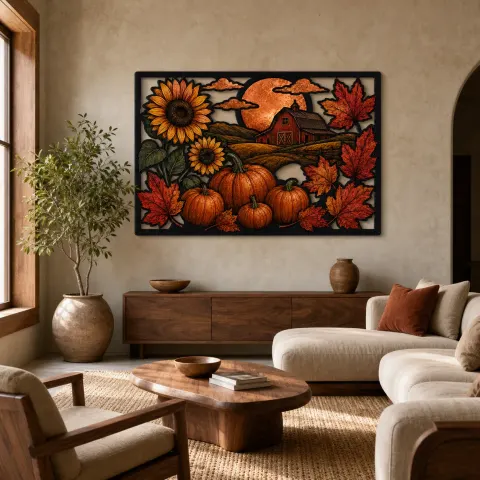 Calabazas de Otoño con Girasoles junto al Granero Rojo Decoración Mural de Metal Colorida