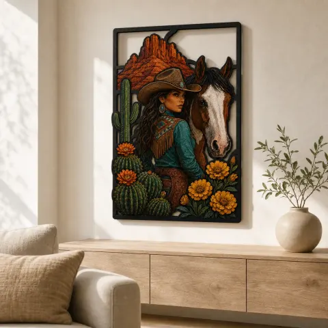 Vista alternativa de Cartel de metal colorido de vaquera con caballo pinto, cactus y caléndulas