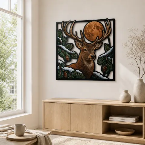 Vista alternativa de Ciervo Cola Blanca en Invierno bajo la Luna Llena Decoración Mural de Metal Colorida