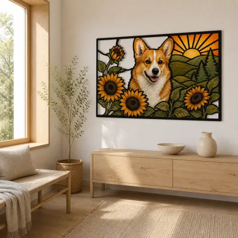 Vista alternativa de Corgi Pembroke con Girasoles al Amanecer Decoración Mural de Metal Colorida