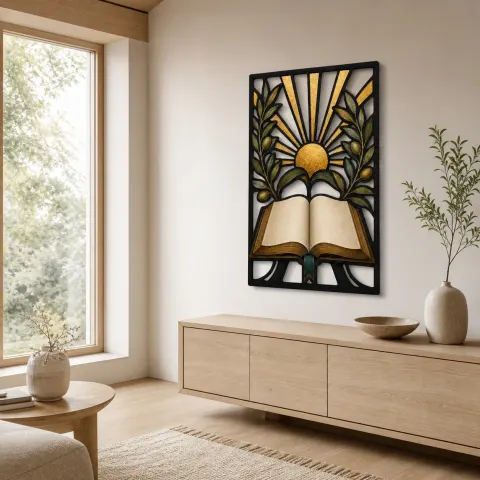 Vista alternativa de Biblia Abierta con Ramas de Olivo y Sol Radiante Decoración Mural de Metal Colorida