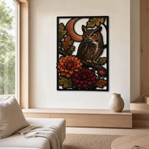 Vue alternative de Grand Hibou à Grandes Oreilles avec Dahlias et Lune Croissante Décoration Murale en Métal Colorée