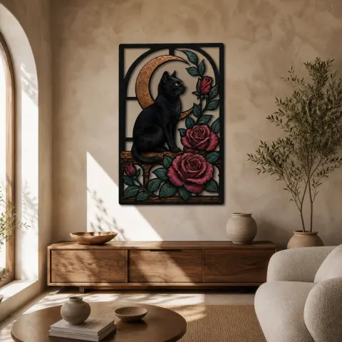 Gato negro con rosas rojas y luna creciente Decoración mural de metal colorida