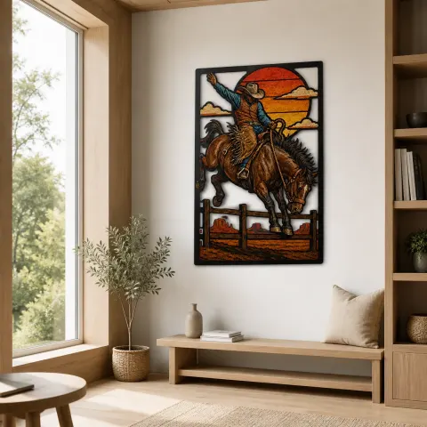 Vista alternativa di Cowboy Rodeo a Cavallo Ribelle al Tramonto Insegna in Metallo Colorata