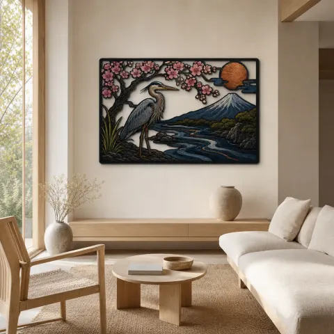 Vue alternative de Héron sous les cerisiers en fleurs avec le Mont Fuji Décoration murale en métal colorée
