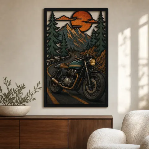 Arte Mural de Metal Colorido con Motocicleta Clásica en Carretera de Montaña