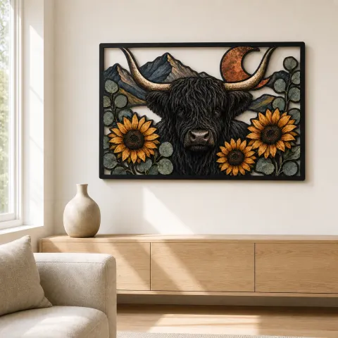 Vista alternativa de Vaca de las Tierras Altas Negra con Girasoles y Luna de Cobre Decoración Mural de Metal Colorida