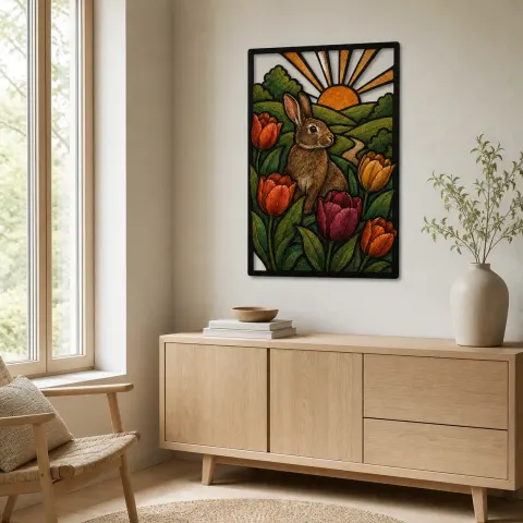 Vista alternativa di Coniglio di Primavera tra Tulipani Colorati all'Alba Insegna in Metallo