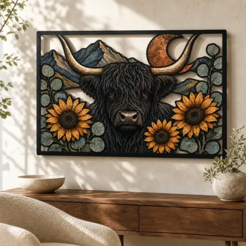 Vaca de las Tierras Altas Negra con Girasoles y Luna de Cobre Decoración Mural de Metal Colorida