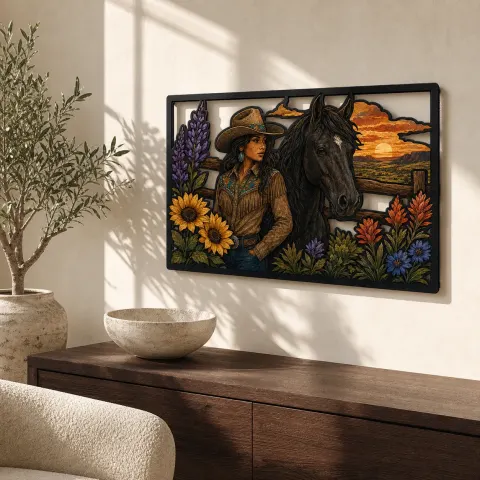 Vaquera con Caballo Negro y Flores Silvestres de Montaña Cartel de Metal Colorido