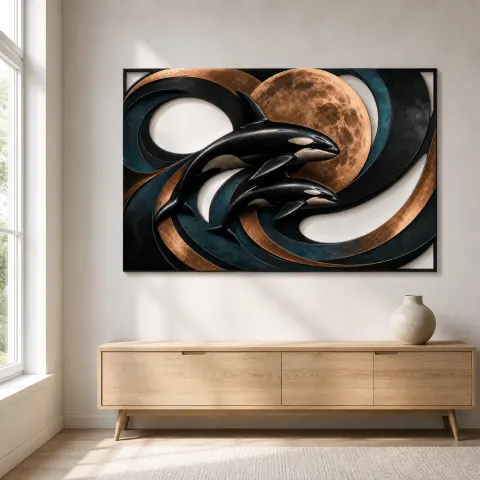 Vista alternativa de Orca Madre y Cría con Luna de Cobre Abstracta Decoración Mural de Metal Colorida