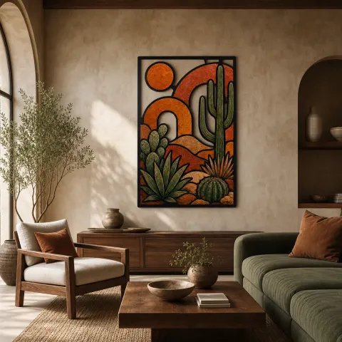 Cactus del Desierto de Media Edad con Sol Abstracto Decoración Mural de Metal Colorida