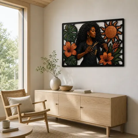 Vista alternativa de Estilista de Cabello Negra con Hibisco y Monstera Arte Mural de Metal Colorido