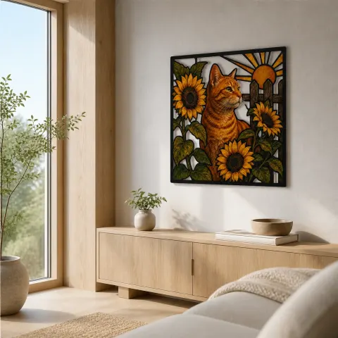 Vista alternativa de Gato Atigrado Naranja con Girasoles junto al Granero Decoración Mural de Metal Colorida