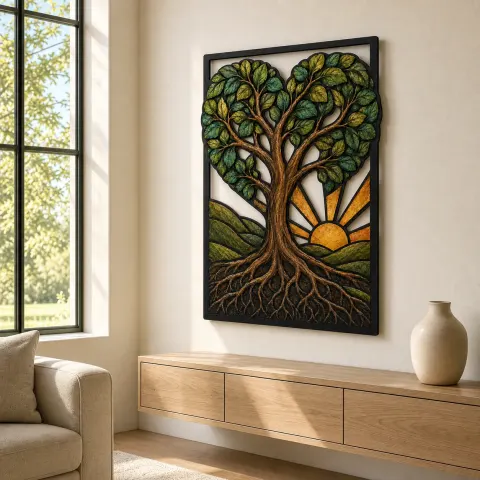 Vue alternative de Arbre de Vie en Forme de Cœur au Lever du Soleil Décoration Murale en Métal Colorée