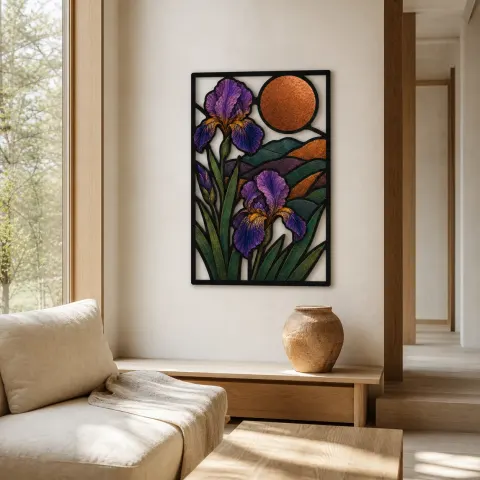 Vista alternativa di Fiori di Iris Viola in Paesaggio Montano Insegna in Metallo Colorata