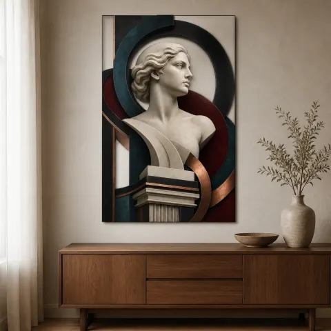 Arte Mural de Metal Colorido con Busto de Mármol Clásico en Marco Abstracto Art Deco