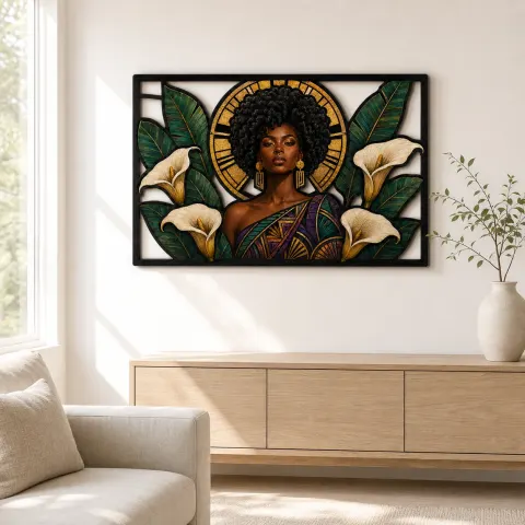 Vue alternative de Femme Afro avec des Lys Calla et un Soleil Art Déco Décoration Murale en Métal Colorée
