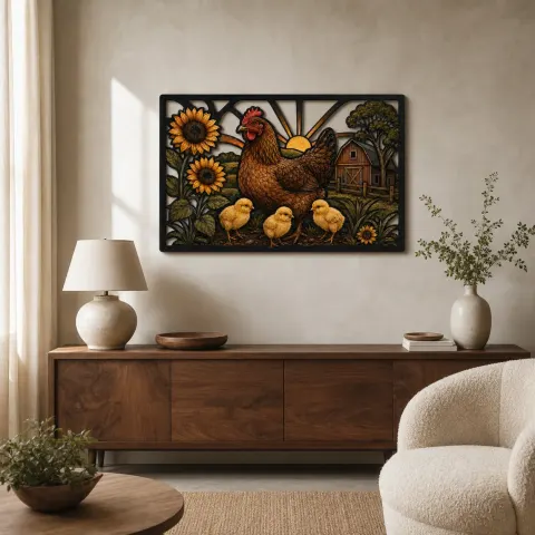 Poule et poussins avec tournesols par Barn Décoration murale en métal colorée