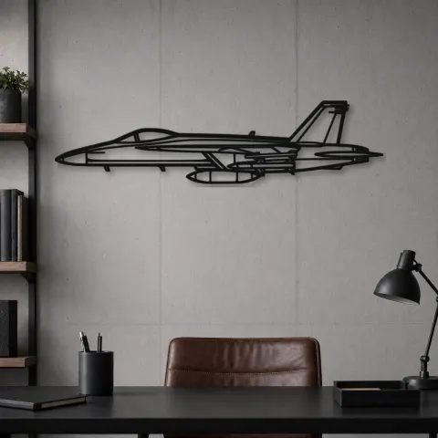 Vista alternativa di Silhouette di aereo F-18 Hornet in metallo, Insegna in metallo per aerei, Decorazione da parete aviatore