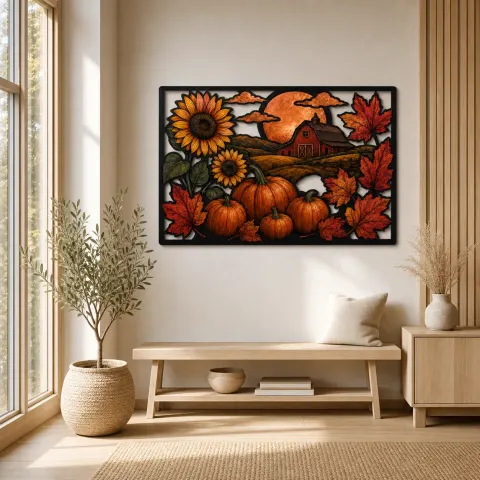 Vista alternativa de Calabazas de Otoño con Girasoles junto al Granero Rojo Decoración Mural de Metal Colorida