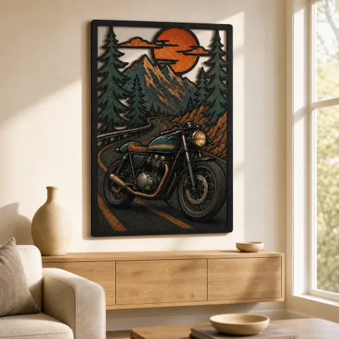 Vista alternativa de Arte Mural de Metal Colorido con Motocicleta Clásica en Carretera de Montaña