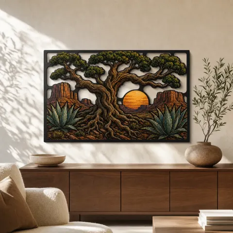 Árbol de la vida de roble del desierto con atardecer de agave - Arte mural de metal colorido