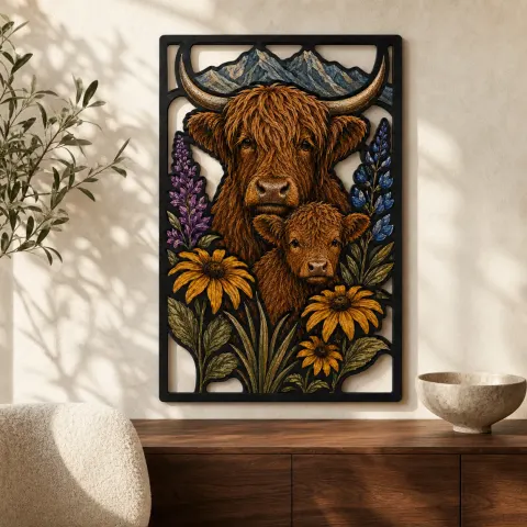 Vaca de las Tierras Altas y Ternero con Flores Silvestres Moradas en Cartel de Metal Colorido