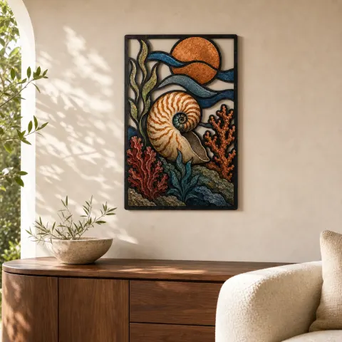 Concha Nautilus con Coral y Luna de Cobre Decoración Mural de Metal Colorida