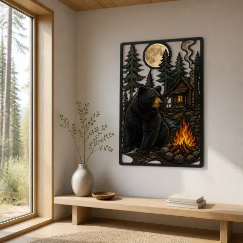 Vista alternativa de Oso negro junto a la fogata de la cabaña bajo la luna llena Decoración mural de metal colorida