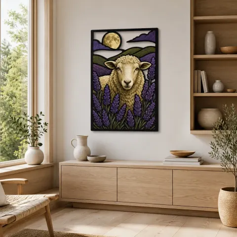 Vista alternativa de Oveja entre Campos de Lavanda bajo la Luna Llena Decoración Mural de Metal Colorida
