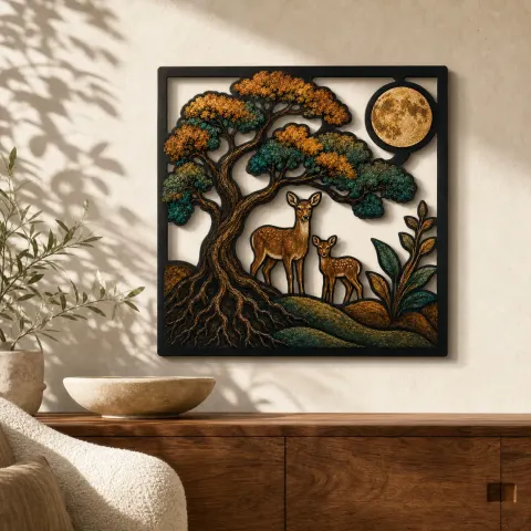 Albero della Vita con Famiglia di Cervi e Luna Piena Insegna in Metallo Colorata