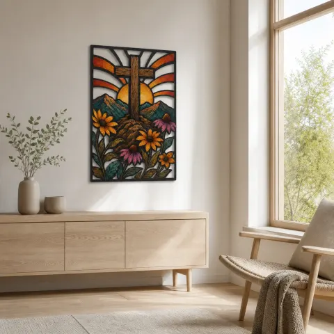 Vista alternativa de Cruz de Madera sobre Montañas y Flores Silvestres Decoración Mural de Metal Colorida