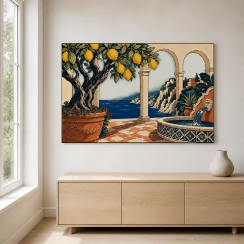 Vista alternativa de Patio de limones mediterráneo con vista al mar Decoración mural de metal colorida