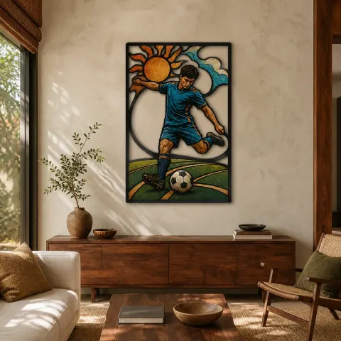 Giocatore di Calcio che Calcia la Palla sotto il Sole Raggiante Insegna in Metallo Colorata