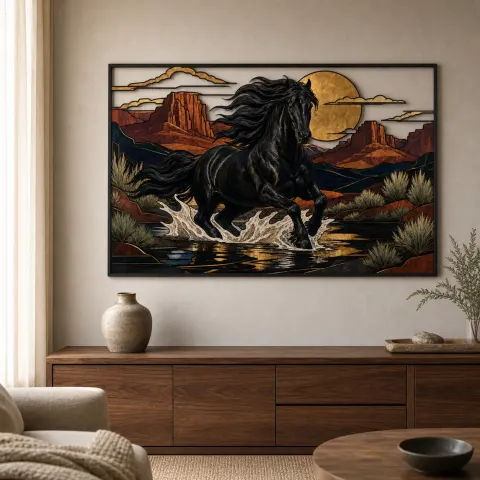 Caballo Negro Corriendo a Través del Arroyo del Desierto Decoración Mural de Metal Colorida