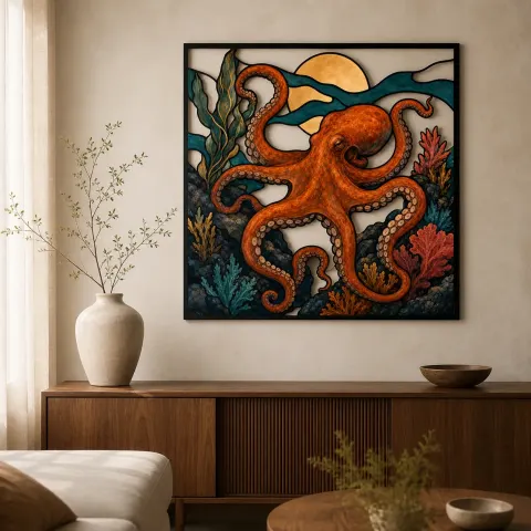 Pulpo Naranja con Coral bajo la Luna de Cobre Decoración Mural de Metal Colorida