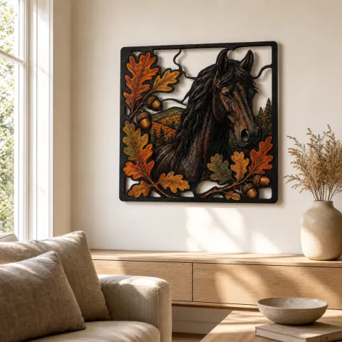 Vista alternativa de Caballo Negro con Hojas de Roble Otoñales Decoración Mural de Metal Colorida
