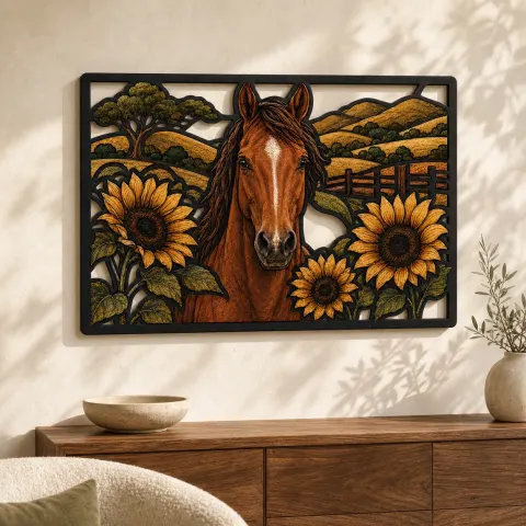 Caballo Castaño con Girasoles y Colinas Rodantes Decoración Mural de Metal Colorida