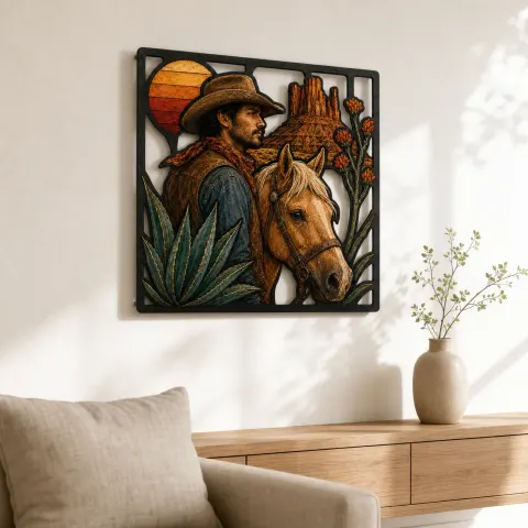 Vista alternativa de Vaquera con Caballo Palomino al Atardecer en el Desierto Cartel de Metal Colorido