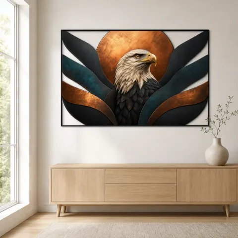 Vista alternativa de Retrato de Águila Calva con Sol de Cobre Abstracto Decoración Mural de Metal Colorida