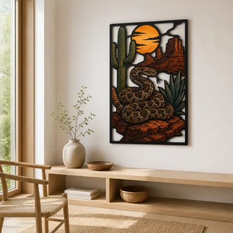 Vista alternativa di Serpente a Sonagli con Cactus sotto il Tramonto del Deserto Insegna in Metallo Colorata