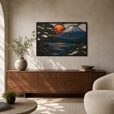 Monte Fuji con Pino y Atardecer de Cobre Decoración Mural de Metal Colorida