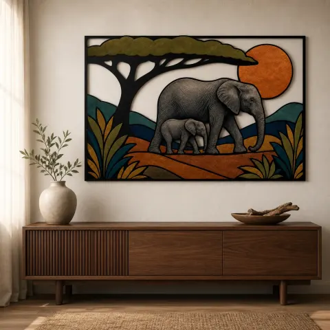 Elefante madre y cría en la sabana - Arte mural de metal colorido