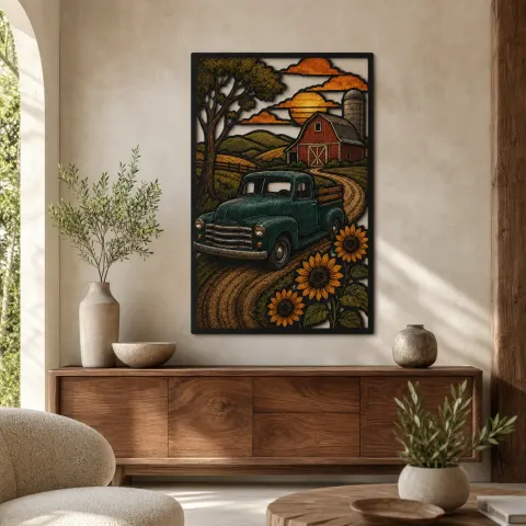 Arte Mural de Metal Colorido de Camioneta Vintage junto al Granero y Girasoles