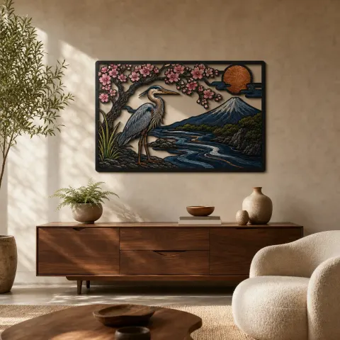 Héron sous les cerisiers en fleurs avec le Mont Fuji Décoration murale en métal colorée