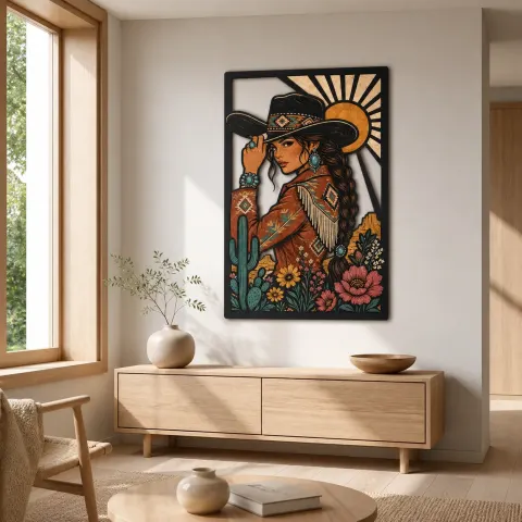 Vista alternativa de Retrato de Vaquera con Cactus y Flores Silvestres del Desierto Cartel de Metal Colorido